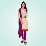 Beige and Purple Women's Premium Manipuri Cotton Plain Gaala Border School Uniform Salwar Kameez Beige and Purple Women's Premium Manipuri Cotton Plain Gaala Border School Uniform Salwar Kameez
