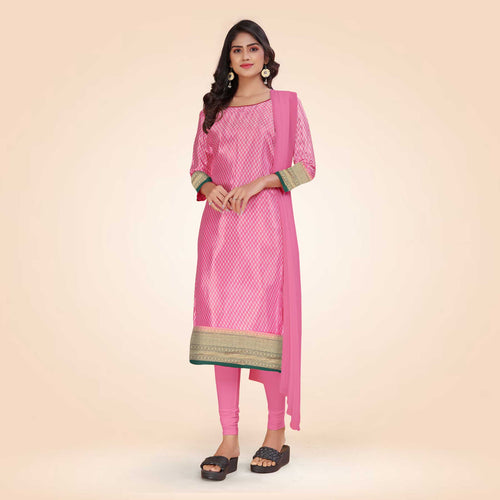Aqua Green and Crimson Pink Women's Premium Silk Chiffon Small Butty College Uniform Salwar Kameez
