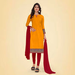Yellow and Maroon Women's Premium Italian Silk Plain Gaala Border School Uniform Salwar Kameez Yellow and Maroon Women's Premium Italian Silk Plain Gaala Border School Uniform Salwar Kameez