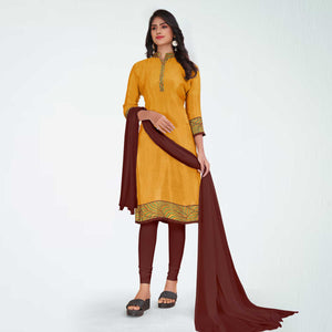 Yellow and Maroon Women's Premium Italian Silk Plain Gaala Border College Uniform Salwar Kameez