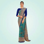 Turquoise and Navy Blue Women's Premium Italian Silk Floral Print College Uniform Saree Turquoise and Navy Blue Women's Premium Italian Silk Floral Print College Uniform Saree