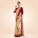 Pistachio and Peacock Blue Women's Premium Silk Chiffon Plain Gaala Border Receptionist Uniform Saree Pistachio and Peacock Blue Women's Premium Silk Chiffon Plain Gaala Border Receptionist Uniform Saree