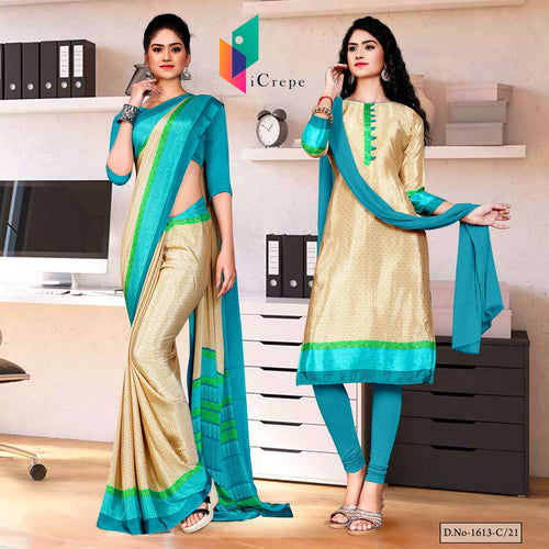 Beige Sea Green Premium Silk Chiffon Uniform Sarees Salwar Combo For Annual Function  Beige Sea Green Premium Silk Chiffon Uniform Sarees Salwar Combo For Annual Function