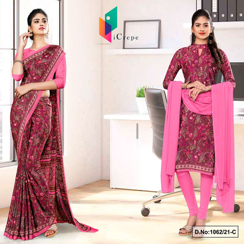 Wine Pink Women's Premium Italian Silk Paisley Print Uniform Sarees Salwar Combo For School Teachers  Wine Pink Women's Premium Italian Silk Paisley Print Uniform Sarees Salwar Combo For School Teachers