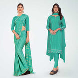 Sea Green Women's Premium Silk Chiffon Ikat Print Resort Uniform Saree Salwar Combo Sea Green Women's Premium Silk Chiffon Ikat Print Resort Uniform Saree Salwar Combo