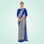 Pistachio and Peacock Blue Women's Premium Silk Chiffon Plain Gaala Border Receptionist Uniform Saree Pistachio and Peacock Blue Women's Premium Silk Chiffon Plain Gaala Border Receptionist Uniform Saree