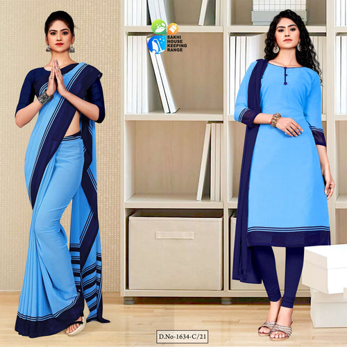 Blue Navy Blue Premium Georgette Plain Border Housekeeping Uniform Sarees Salwar Combo For Support Staff  Blue Navy Blue Premium Georgette Plain Border Housekeeping Uniform Sarees Salwar Combo For Support Staff