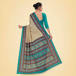 Beige and Turquoise Women's Premium Manipuri Cotton Plain Gaala Border Teachers Uniform Saree Beige and Turquoise Women's Premium Manipuri Cotton Plain Gaala Border Teachers Uniform Saree