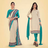 Beige and Turquoise Women's Premium Manipuri Cotton Plain Gaala Border Teachers Uniform Saree Salwar Combo Beige and Turquoise Women's Premium Manipuri Cotton Plain Gaala Border Teachers Uniform Saree Salwar Combo