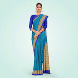 Grey and Turquoise Women's Premium Mulberry Silk Small Butty Hospital Uniform Saree Grey and Turquoise Women's Premium Mulberry Silk Small Butty Hospital Uniform Saree