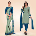 Leaf Green and Mustard Women's Premium Silk Chiffon Plain Gaala Border Teachers Uniform Saree Salwar Combo Leaf Green and Mustard Women's Premium Silk Chiffon Plain Gaala Border Teachers Uniform Saree Salwar Combo