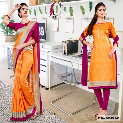 Orange Wine Women's Premium Manipuri Cotton Uniform Sarees Salwar Combo For Industrial Uniform  Orange Wine Women's Premium Manipuri Cotton Uniform Sarees Salwar Combo For Industrial Uniform