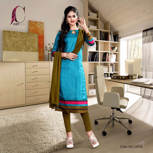 Blue With Green Border Women's Premium Tripura Cotton Office Uniform Salwar Kameez  Blue With Green Border Women's Premium Tripura Cotton Office Uniform Salwar Kameez