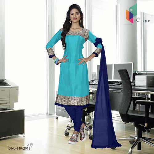 Turquoise and Navy Blue Women's Premium Italian Silk Crepe Hotel Receptionist Uniform Salwar Kameez  Turquoise and Navy Blue Women's Premium Italian Silk Crepe Hotel Receptionist Uniform Salwar Kameez
