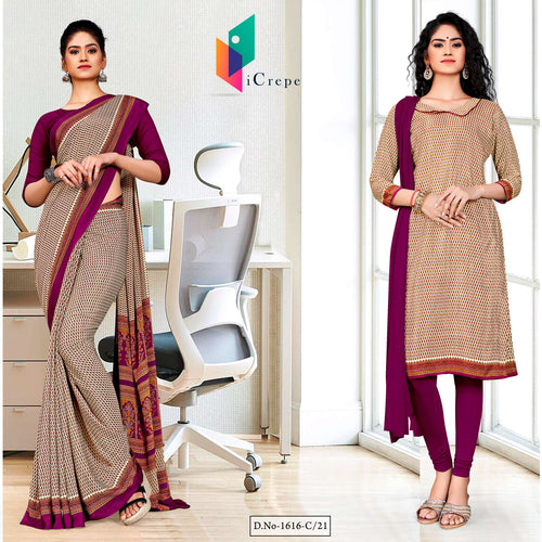 Beige Wine Small Print Premium Italian Silk Crepe Uniform Sarees Salwar Combo For Showroom Staff  Beige Wine Small Print Premium Italian Silk Crepe Uniform Sarees Salwar Combo For Showroom Staff