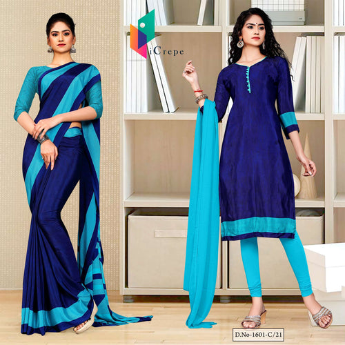 Navy Blue Sea Green Gala Border Premium Italian Silk Crepe Uniform Saree Salwar Combo For Showroom Staff  Navy Blue Sea Green Gala Border Premium Italian Silk Crepe Uniform Saree Salwar Combo For Showroom Staff