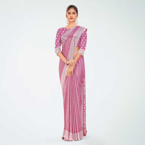 Lavender Pink Women's Premium Silk Chiffon Small Butty Oberoi Hotel Uniform Saree
