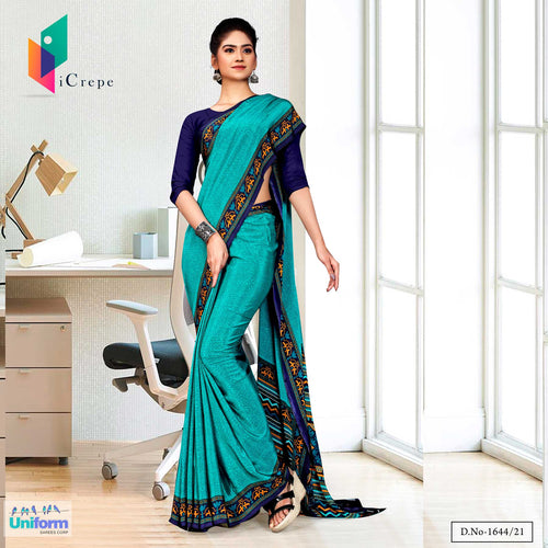Aqua Green Navy Blue Plain Border Print Premium Italian Silk Crepe Uniform Sarees For School Teachers  Aqua Green Navy Blue Plain Border Print Premium Italian Silk Crepe Uniform Sarees For School Teachers