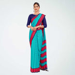 Aqua Blue and Pink Women's Premium Manipuri Cotton Small Butty Receptionist Uniform Saree Aqua Blue and Pink Women's Premium Manipuri Cotton Small Butty Receptionist Uniform Saree