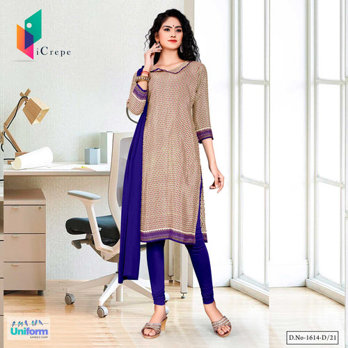 Beige Blue Women's Premium Italian Silk Crepe Small Print Factory Workers Uniform Salwar Kameez  Beige Blue Women's Premium Italian Silk Crepe Small Print Factory Workers Uniform Salwar Kameez