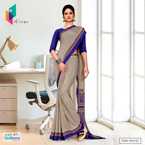 Beige Blue Small Print Premium Italian Silk Crepe Uniform Sarees For Workers  Beige Blue Small Print Premium Italian Silk Crepe Uniform Sarees For Workers