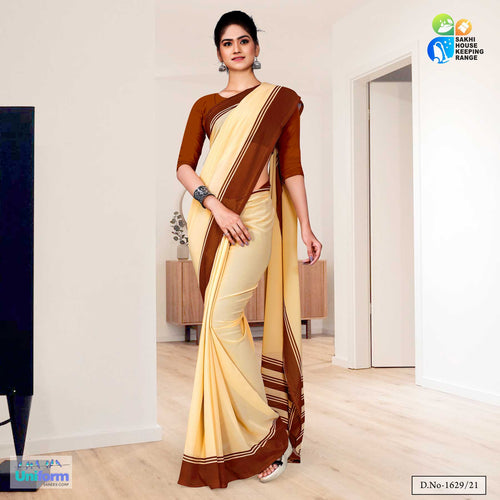 Beige Coffee Premium Georgette Plain Border Housekeeping Uniform Sarees For Support Staff  Beige Coffee Premium Georgette Plain Border Housekeeping Uniform Sarees For Support Staff