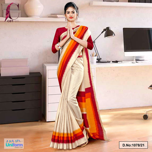 Beige Maroon Gala Border Premium Polycotton Cotfeel Saree For Employee Uniform Sarees  Beige Maroon Gala Border Premium Polycotton Cotfeel Saree For Employee Uniform Sarees