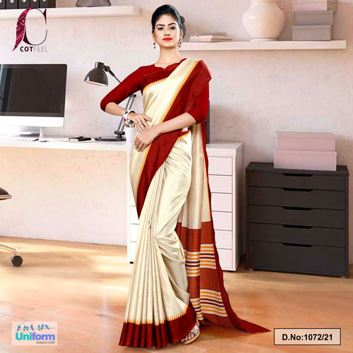Beige Maroon Gala Border Premium Polycotton Cotfeel Saree For Office Uniform Sarees  Beige Maroon Gala Border Premium Polycotton Cotfeel Saree For Office Uniform Sarees
