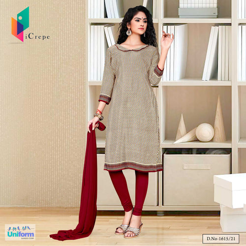 Beige Maroon Women's Premium Italian Silk Crepe Small Print College Students Uniform Salwar Kameez  Beige Maroon Women's Premium Italian Silk Crepe Small Print College Students Uniform Salwar Kameez