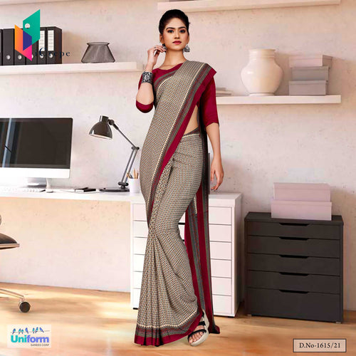 Beige Maroon Small Print Premium Italian Silk Crepe Uniform Sarees For Students  Beige Maroon Small Print Premium Italian Silk Crepe Uniform Sarees For Students
