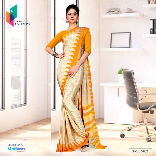 Beige Musterd Premium Italian Silk Crepe Uniform Sarees For School Teachers  Beige Musterd Premium Italian Silk Crepe Uniform Sarees For School Teachers