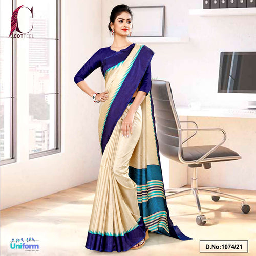 Beige Navy Blue Gala Border Premium Polycotton Cotfeel Saree For Institution Uniform Sarees  Beige Navy Blue Gala Border Premium Polycotton Cotfeel Saree For Institution Uniform Sarees