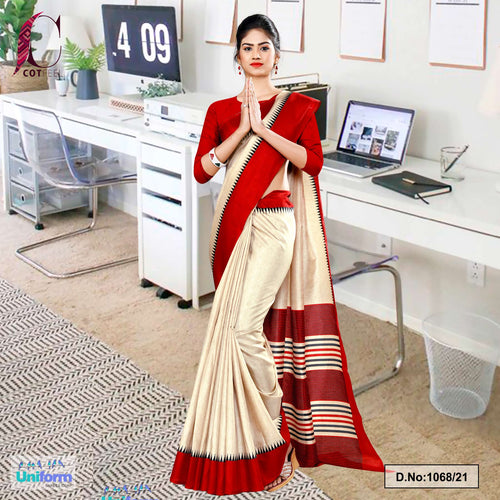 Beige Red Gala Border Premium Polycotton Cotfeel Saree For School Uniform Sarees  Beige Red Gala Border Premium Polycotton Cotfeel Saree For School Uniform Sarees