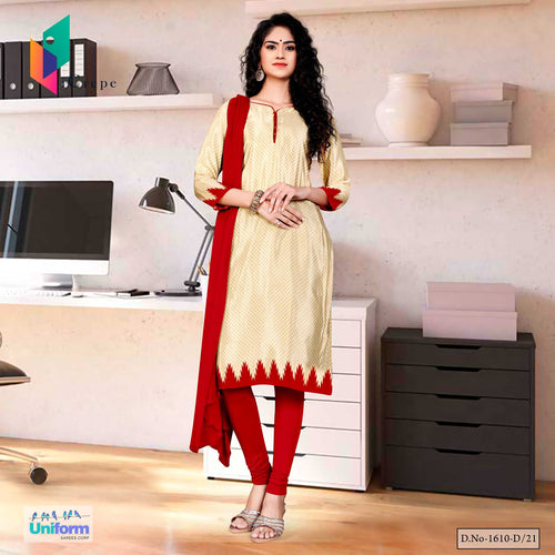 Beige Red Women's Premium Italian Silk Crepe Staff Uniform Salwar Kameez  Beige Red Women's Premium Italian Silk Crepe Staff Uniform Salwar Kameez