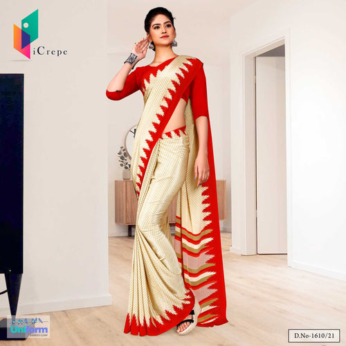 Beige Red Premium Italian Silk Crepe Saree For Staff Uniform Sarees  Beige Red Premium Italian Silk Crepe Saree For Staff Uniform Sarees