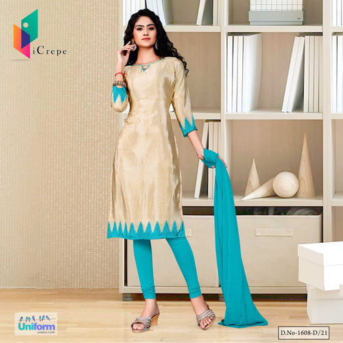 Beige Sea Green Women's Premium Italian Silk Crepe Jelwellery Showroom Uniform Salwar Kameez  Beige Sea Green Women's Premium Italian Silk Crepe Jelwellery Showroom Uniform Salwar Kameez
