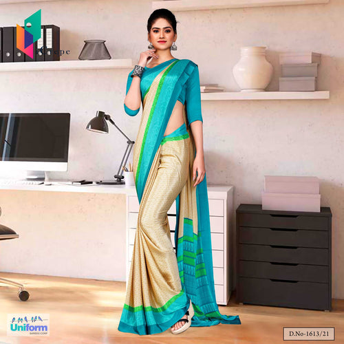 Beige Sea Green Premium Italian Silk Crepe Uniform Sarees For Annual Function  Beige Sea Green Premium Italian Silk Crepe Uniform Sarees For Annual Function