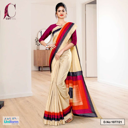 Beige Wine Gala Border Premium Polycotton Cotfeel Saree For Front Office Uniform Sarees  Beige Wine Gala Border Premium Polycotton Cotfeel Saree For Front Office Uniform Sarees