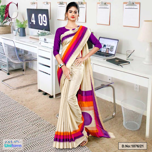 Beige Purple Gala Border Premium Polycotton Cotfeel Saree For Jewellery Showroom Uniform Sarees  Beige Purple Gala Border Premium Polycotton Cotfeel Saree For Jewellery Showroom Uniform Sarees