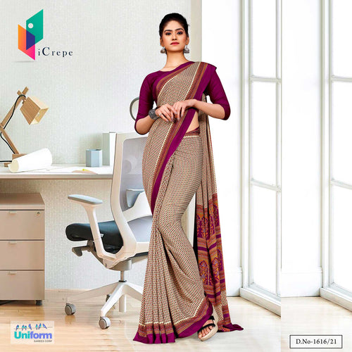 Beige Wine Small Print Premium Italian Silk Crepe Uniform Sarees For Showroom Staff  Beige Wine Small Print Premium Italian Silk Crepe Uniform Sarees For Showroom Staff