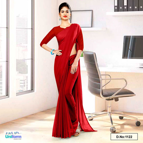 Blood Red Soft Georgette Plain Uniform Sarees For Working Women  Blood Red Soft Georgette Plain Uniform Sarees For Working Women