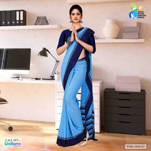 Blue Navy Blue Premium Georgette Plain Border Housekeeping Uniform Sarees For Support Staff  Blue Navy Blue Premium Georgette Plain Border Housekeeping Uniform Sarees For Support Staff