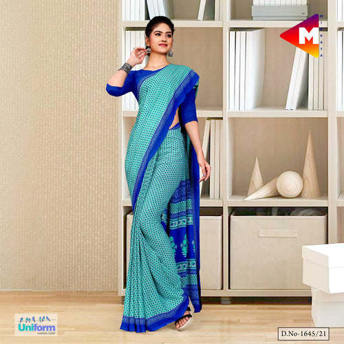 Blue Premium Georgette Small Print Housekeeping Uniform Sarees For Support Staff  Blue Premium Georgette Small Print Housekeeping Uniform Sarees For Support Staff