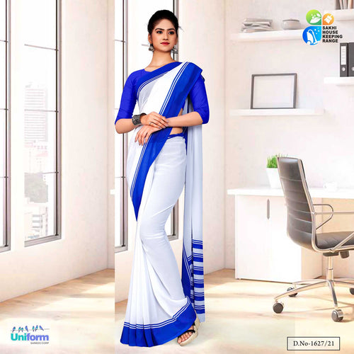 Blue White Premium Georgette Mother Teresa Hospital Uniform Sarees For Housekeeping Staff  Blue White Premium Georgette Mother Teresa Hospital Uniform Sarees For Housekeeping Staff