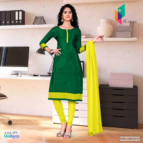 Bottle Green Yellow Women's Premium Italian Silk Crepe Plain Border Print School Teachers Uniform Salwar Kameez  Bottle Green Yellow Women's Premium Italian Silk Crepe Plain Border Print School Teachers Uniform Salwar Kameez