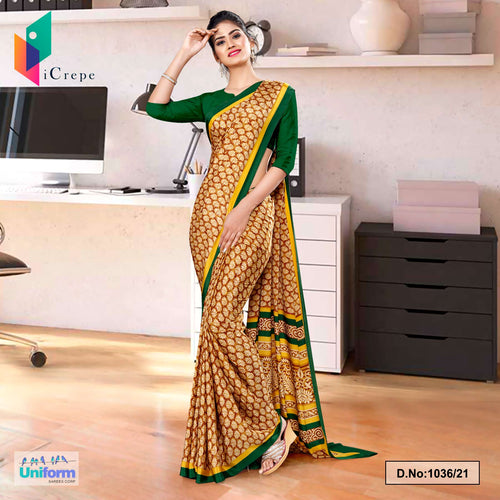 Brown Bottle Green Premium Italian Silk Crepe Saree For Annual Function Uniform Sarees  Brown Bottle Green Premium Italian Silk Crepe Saree For Annual Function Uniform Sarees