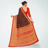 Brown and Orange Women's Premium Italian Silk Floral Print Institution Uniform Saree Brown and Orange Women's Premium Italian Silk Floral Print Institution Uniform Saree