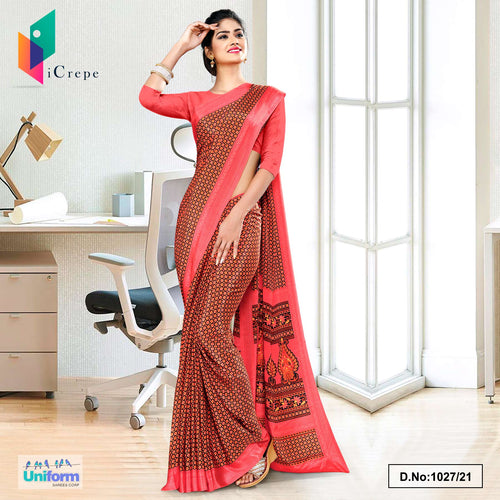 Carrot Pink  And Brown Small Print Premium Italian Silk Crepe Uniform Sarees For School Teachers  Carrot Pink  And Brown Small Print Premium Italian Silk Crepe Uniform Sarees For School Teachers