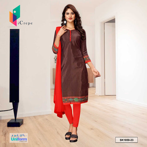 Coffee and Red Women's Premium Silk Crepe Plain Border Showroom Staff Uniform Salwar Kameez  Coffee and Red Women's Premium Silk Crepe Plain Border Showroom Staff Uniform Salwar Kameez