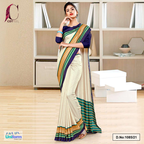 Cream Navy Blue Plain Gala Border Polycotton Cotfeel Saree For Showroom Uniform Sarees  Cream Navy Blue Plain Gala Border Polycotton Cotfeel Saree For Showroom Uniform Sarees